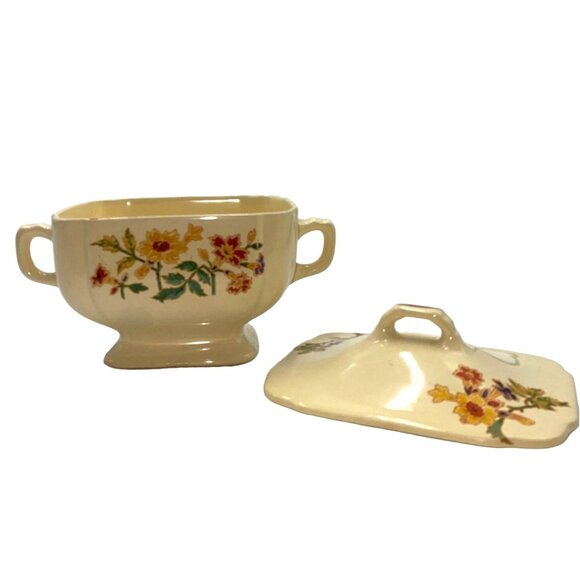 Homer Laughlin1930s Lidded Sugar Bowl Columbine Century Floral Pottery Ceramic W - Picture 6 of 10